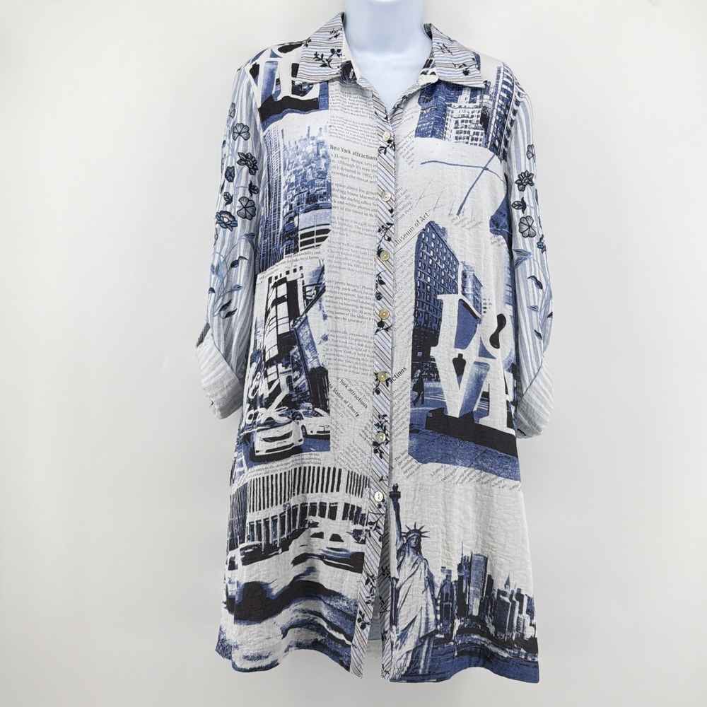 John Mark NYC New York Statue of Liberty Tunic Shirt Medium M Roll Tab Artsy EUC